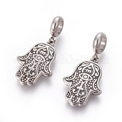 304 Stainless Steel Pendants, Large Hole Pendants, Hamsa Hand/Hand of Fatima/Hand of Miriam with Eye, Antique Silver, 34.5mm, Hole: 5.2mm, Pendant: 23x16.5x2.3mm