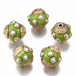 Perline  indonesia fatto a mano, con accessori metallico, tondo, oro roso, verde giallo, 14~15x14.5~15mm, Foro: 1.6 mm