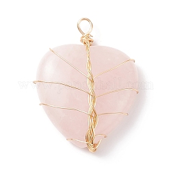 Natural Rose Quartz Pendants, with Light Gold Tone Copper Wire Wrapped, Heart, 38~41x30~31x9mm, Hole: 3~4mm