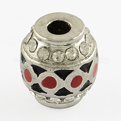 Barrel Hollow Alloy Grade A Rhinestone Enamel Beads, Platinum, Crimson and Black, 13x11.5mm, Hole: 3.5mm