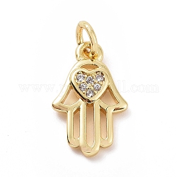 Brass Micro Pave Cubic Zirconia Palm Charms, with Jump Ring, Hamsa Hand with Heart Charm, Golden, 14x9x2mm, Hole: 2.8mm