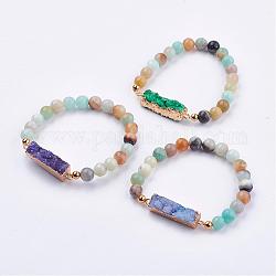 Natural Amazonite Stretch Bracelets, with Druzy Agate Links & Golden Plated 304 Stainless Steel Findings, Round & Rectangle, Mixed Color, 2 inch(52mm)