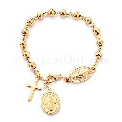 304 Edelstahl Charme Armbänder, mit runden Perlen, Kreuz & Oval mit Heiligen, golden, 8-3/8 Zoll (21.3 cm)