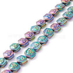 Chapelets de perles en hématite synthétique sans magnétiques, pour le thème d'halloween, polygone avec crâne, multi-couleur plaquée, 10.5x8x5.5mm, Trou: 1mm, Environ 44 pcs/chapelet, 16.14 pouce (41 cm)
