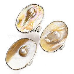 Coquille d'eau douce avec bagues réglables en perles pour filles et femmes, anneaux en laiton platine, ovale, 4mm, diamètre intérieur: 18 mm, ovale: 31x23 mm