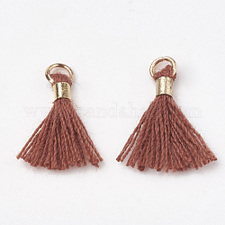 Polycotton(Polyester Cotton) Tassel Pendant Decorations, Mini Tassel, with Brass Findings, Light Gold, Sienna, 10~15x3~4mm, Hole: 2mm