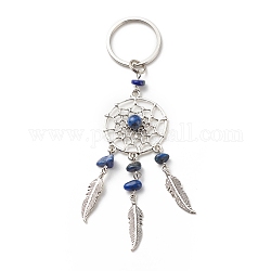 Porte-clés lapis lazuli naturel, avec du fer, 304 accessoires en acier inoxydable et alliage, toile tissée / toile avec plume, 11.4~11.8 cm