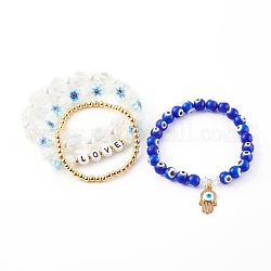 4pcs 4 styles ensembles de bracelets extensibles, avec le mal de perles au chalumeau des yeux, perles acryliques et verre et laiton, mot amour doré, couleur mixte, diamètre intérieur: 2 pouce (5.1 cm), 2-1/8 pouce (5.3 cm), 2-1/8 pouce (5.5 cm), 2-1/4 pouce (5.7 cm), 1pc / style