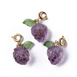 Encantos de cierre de anillo de resorte de uva de amatista natural, cierres de anillo de resorte de latón chapado en rack, dorado, 24mm, de uva: 16.5x12 mm, hoja: 10x5x2 mm