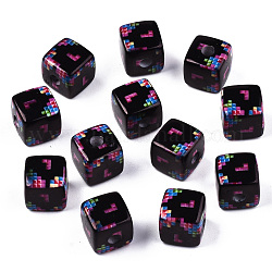 Perles acryliques imprimées, cube, noir, Motif géométrique, 12.5x12.5x12.5mm, Trou: 3.5mm