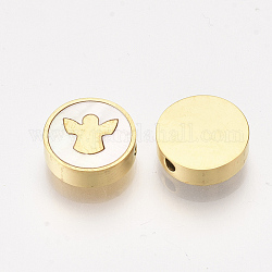 304 Stainless Steel Beads, with Shell, Flat Round with Angel, Golden, 9.5~10x3mm, Hole: 1.5mm