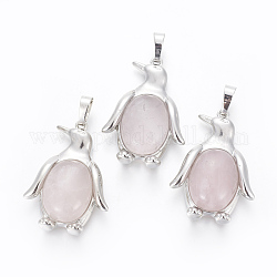 Pendentifs de quartz rose naturel, avec les accessoires en laiton, pingouin, platine, 34~35x24~25x5~8mm, Trou: 8x5mm