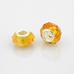 European Beads vetro sfaccettato, perline rondelle  con foro grande, con anime in ottone placcato color argento, arancione, 14x9mm, Foro: 5 mm