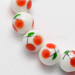 Cherry Pattern Handmade Lampwork Round Beads Strands, Dark Orange, 12mm, Hole: 1mm, about 28pcs/strand, 13.2inch