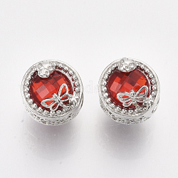 Platinum Plated Alloy Beads, with Rhinestones, Large Hole Beads, Flat Round with Dragonfly, Hyacinth, 12x14mm, Hole: 4.5mm