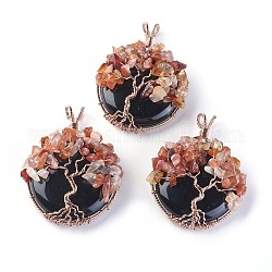 Obsidienne naturelle & gros pendentifs en cornaline, avec les accessoires en laiton de ton or rose, plat et circulaire avec arbre de vie, 58~61.5x44~48x14~16.5mm, Trou: 4~5x3.5~6mm
