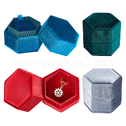 Nbeads 4pcs 4 colores joyero de terciopelo, con lino y piel sintética, para caja de anillo y collar, hexágono, color mezclado, 5.55x6.3x5.8 cm, diámetro interior: 4.3x5 cm, 1pc / color
