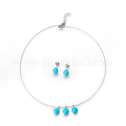 304 set di gioielli in argento con orecchini a bottone e collane con pendente, con perline di plastica, blu cielo profondo, 15.55 pollice (39.5 cm), 8mm, ago :0.7mm