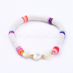 Stretch Bracelets, with Handmade Polymer Clay Heishi Beads, Heart Natural Sea Shell Beads and Round Brass Beads, PapayaWhip, 2-1/4 inch(5.6cm)