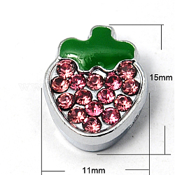 Zinc Alloy Rhinestone Slide Charms, Grade A, with Enamel, Strawberry, Platinum Metal Color, Light Amethyst, 15x11x5mm, Hole: 8x1mm