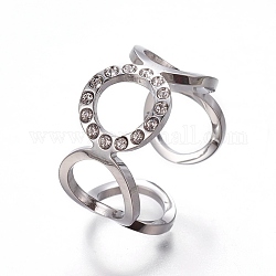 Anillos de puño de 304 acero inoxidable, anillos abiertos, con diamante de imitación, cristal, color acero inoxidable, tamaño de 6~9, 16~19mm