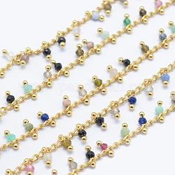 Natural/Synthetic Gemstone Handmade Beaded Chains, Soldered, Lead Free & Cadmium Free, with Brass Findings, Real 18K Gold Plated, Long-Lasting Plated, Faceted Round, 6~7x2~3mm