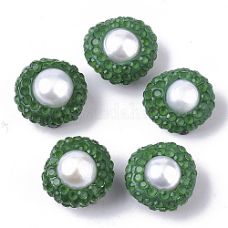 Abalorios de Diamante de imitación de arcilla polímero, con perla natural cultivada de agua dulce, plano y redondo, verde, 12~13x8~9mm, agujero: 0.7 mm