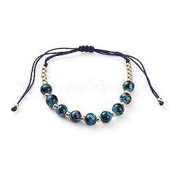 Bracelets réglables de perles tressées avec cordon en nylon, avec des billes de sable doré au chalumeau et des billes de laiton, ronde, or, bleu minuit, diamètre intérieur: 1-3/8~4-1/8 pouce (3.5~10.5 cm)