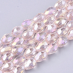 Electroplate Glass Beads Strands, AB Color Plated, Faceted, Teardrop, Pink, 7.5~8x6mm, Hole: 1mm, about 66~68pcs/strand, 22.6 inch