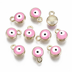 Light Gold Plated Alloy Charms, with Enamel, Flat Round with Evil Eye, Pink, 10x7x4.5mm, Hole: 1.5mm