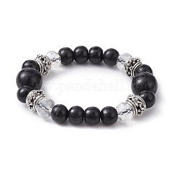 Bracelet extensible en perles rondes en bois naturel et verre, noir, diamètre intérieur: 2 pouce (5 cm)
