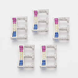 Brass Cubic Zirconia Slide Charms, Real Platinum Plated, Colorful, Letter, Letter.E, 19x13x4mm, Hole: 1x1mm and 1x5mm