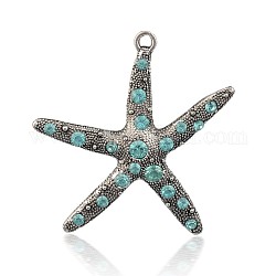 Pendentifs étoiles de mer/étoiles de mer en alliage de style tibétain, argent antique, aigue-marine, 57x55x6mm, Trou: 3mm