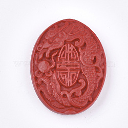 Perles de cinabre, sculpté en laque, ovale avec le dragon, rouge, 51x39x11mm, Trou: 1.8mm