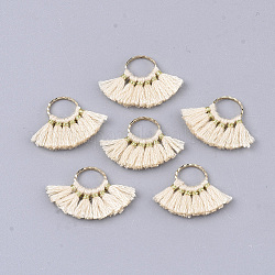 Polycotton(Polyester Cotton) Tassel Pendants Decorations, with Brass Findings, Fan Shape, Golden, PeachPuff, 14~15x20~22x1.5mm, Hole: 7mm