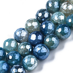 Natürliche Achat Perlen Stränge, Mit Perlglanz plattiert, facettiert, Runde, Stahlblau, 12 mm, Bohrung: 1.6 mm, ca. 32~34 Stk. / Strang, 13.94~16.06 Zoll (35.4~40.8 cm)