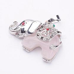 Natural Rose Quartz Pendants, with Rhinestone and Brass Findings, Elephant, Platinum, 25.5x36.5x10mm, Hole: 5x8mm