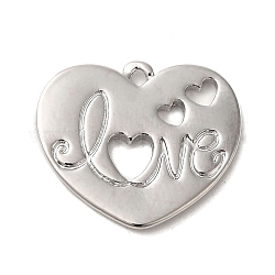 Pendenti in ottone di San Valentino, cuore con la parola, Vero platino placcato, 16x18.5x1.5mm, Foro: 1.2 mm