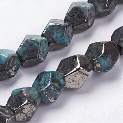Natural Pyrite Beads Strands, Dyed, Ten Facets, Faceted Round, Cyan, 9~10x8~9x8~10mm, Hole: 1mm, about 20pcs/strand, 8 inch(20.1cm)