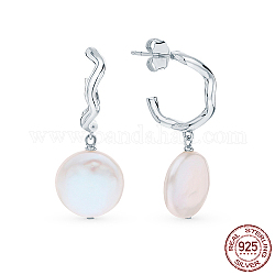 Boucles d'oreilles pendantes en argent sterling plaqué rhodium en forme de C, avec perles rondes et plates en perles naturelles, platine, 925mm