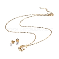 304 Stainless Steel Rhinestone Jewelry Sets, Moon with Flower Pendant Necklaces and Stud Earrings, Cable Chains, Lobster Claw Clasps and Ear Nuts, Crystal, Golden, 18.11 inch(46cm), 15x5.5mm, Pin: 0.7mm