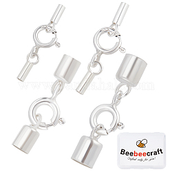 Beebeecraft 4 Sets 4 Kordel-Endkappen aus Sterlingsilber der Größe 925, einklebbare Crimp-Endkappe mit Federkarabinerverschluss für Lederkordel-Armbänder, Halsketten, DIY-Herstellung