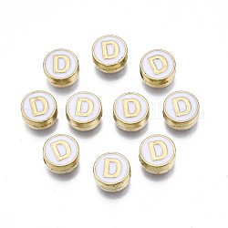 Perles d'émail en alliage, sans cadmium et sans plomb, or clair, rond et plat avec alphabet, blanc, letter.d, 8x4mm, Trou: 1.5mm