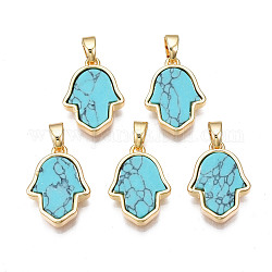 Real 18K Gold Plated Brass Pendants, with Synthetic Gemstone Cabochons, Cadmium Free & Nickel Free & Lead Free, Hamsa Hand/Hand of Miriam, Buddhist Theme, Turquoise, 17x12x3mm, Hole: 2.5x5mm