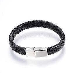 Bracelets en cuir tressé, avec fermoirs magnétiques en alliage, platine, noir, 9 pouce (230 mm) x11 mm