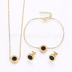 304 Stainless Steel Jewelry Sets, Pendant Necklaces & Stud Earrings & Bracelets, with Enamel, Flat Round, Golden, 16.93 inch(43cm), 7-1/8 inch(18cm), 11x2mm, Pin: 0.8mm