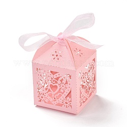 Papier découpé au laser évider des boîtes de bonbons coeur et fleurs, carré avec ruban, pour mariage baby shower party faveur emballage cadeau, rose, 5x5x7.6 cm