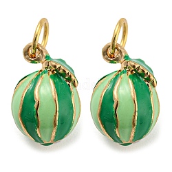 Watermelon Rack Plating Brass Enamel Charms, with Jump Ring, Long-Lasting Plated, Cadmium Free & Lead Free, Real 18K Gold Plated, Green, 12.5x8.5x7.5mm, Hole: 3.8mm