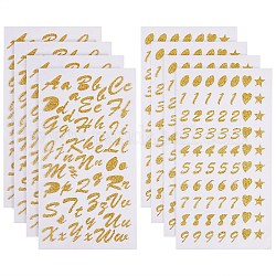 8 Sheets Letter, Number and Heart & Star Glitter Paper Stickers, with PVC Cover, Gold, 4sheets/style