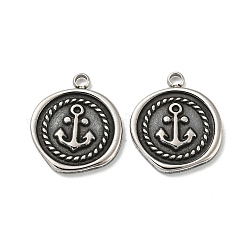 304 Stainless Steel Pendants, Flat Round with Anchor Charms, Antique Silver, 17x15x2mm, Hole: 1.8mm
